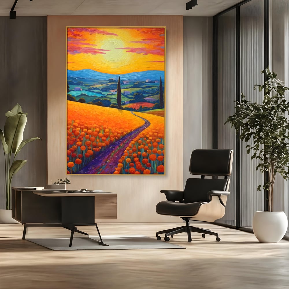 Tablou canvas cu pictura peisaj cu drum si chiparos, in rama de aluminiu auriu, pe perete intr-un birou
